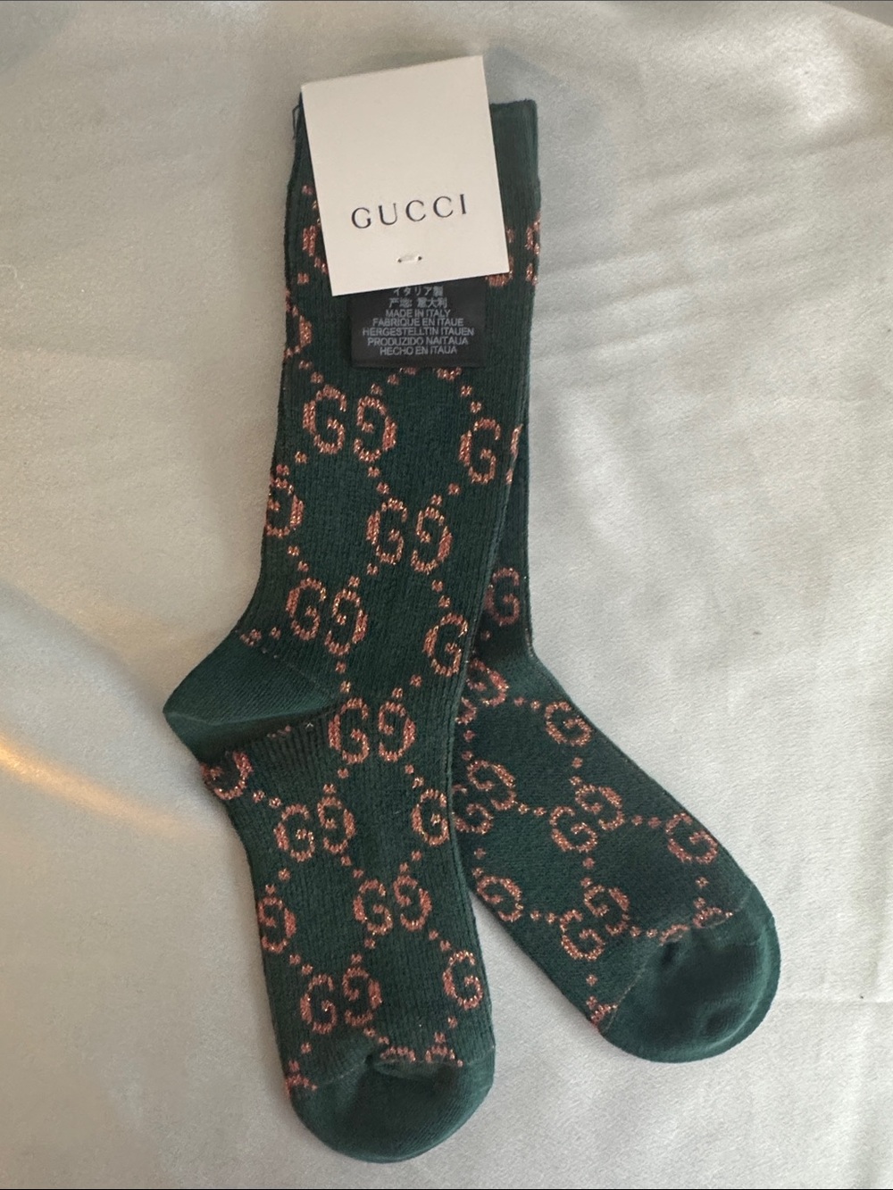New! Gucci Dark Green Crew Socks with Orange/Gold GG Monogram